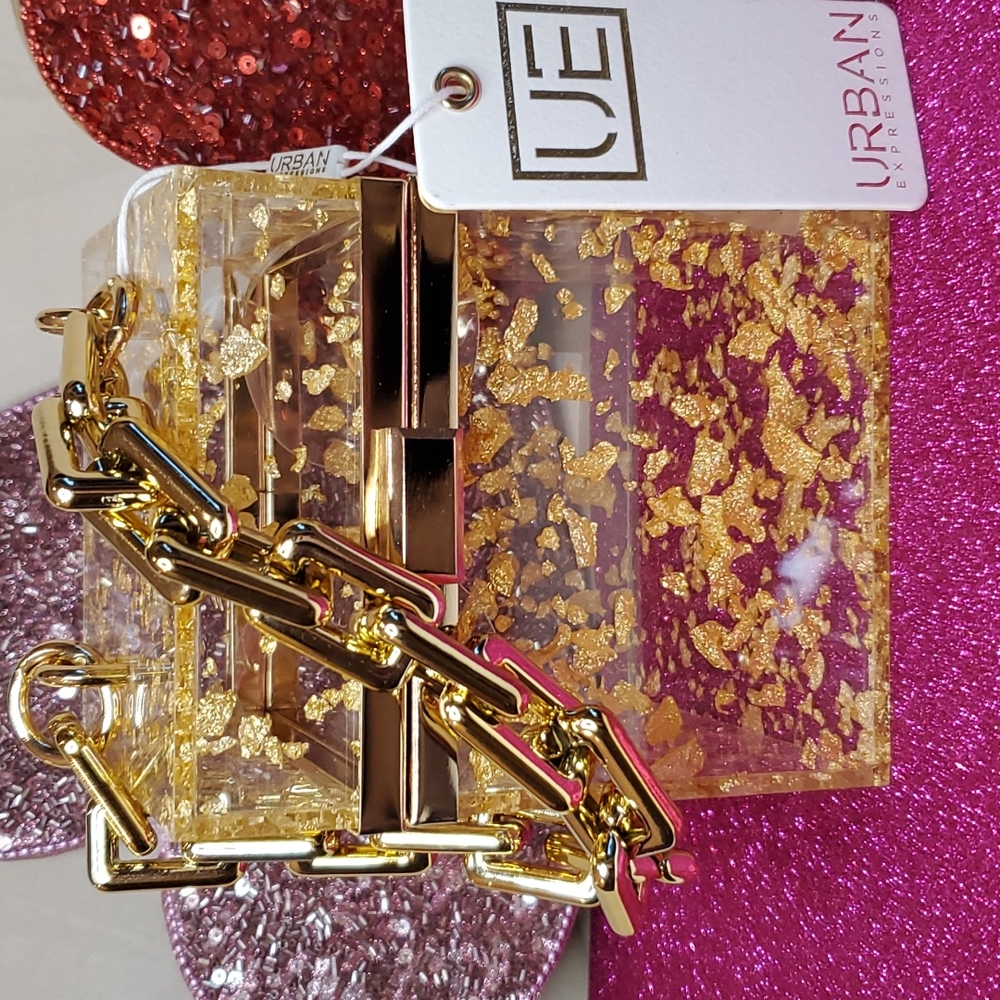 🎉HP🎉Urban Expressions 💜NWT💜 Acrylic Gold Foil Box Bag & Gold Chain Handle! - Picture 6 of 15